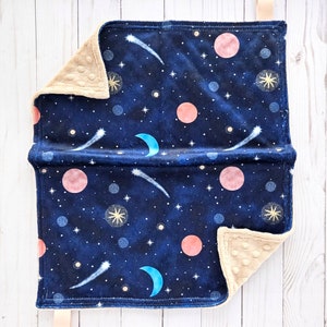 Moon and Stars Minky Lovey: Blue Planets, Tan Dimple Back