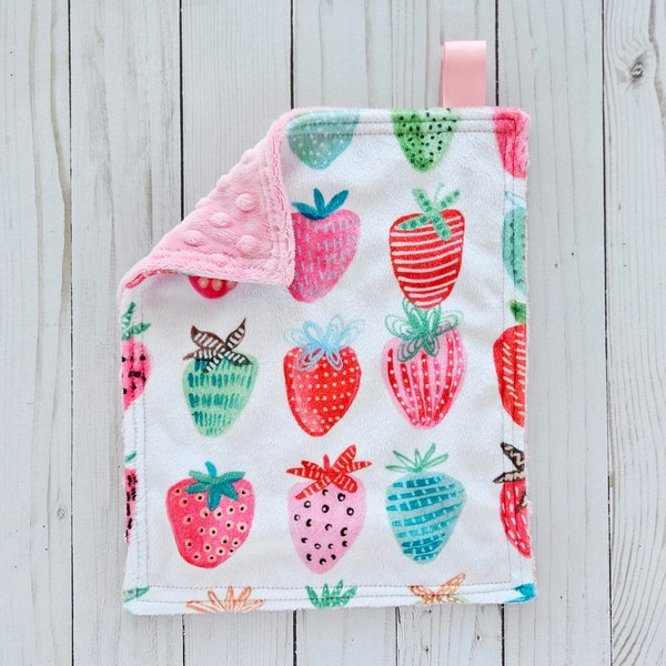 Mini Lovey: Strawberries + Pink Cuddle. Minky Lovey. Strawberry Lovey. Baby Girl Gift. Baby Lovey. Baby Girl Lovey. Lovie. Quick Ship
