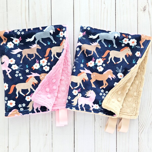 Lovey: Floral Horses + Tan or Pink Cuddle. Minky Lovey. Horses Lovey. Baby Gift. Baby Girl Lovey. Floral Lovey. Quick Ship