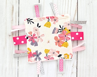 Floral Baby Crinkle Toy: Pink Ribbon Sensory Tag Toy