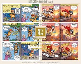 Aangepast stripfiguurportret huisdier | Grappig honden- of kattencartoonverhaal van foto | Gepersonaliseerde huisdierkunst | Digitale download