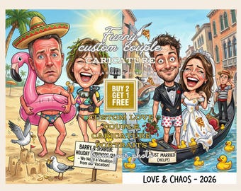 Grappig aangepaste karikatuurportret van paar van foto | Valentijnsdagcadeau | Gepersonaliseerde cartoonpaarillustratie | Digitale download