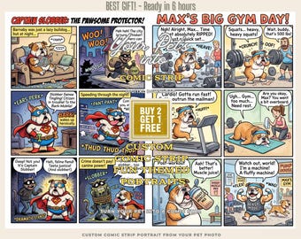 Aangepast stripfiguurportret huisdier | Grappig honden- of kattencartoonverhaal van foto | Gepersonaliseerde huisdierkunst | Digitale download