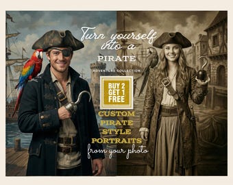 Aangepast piraten- of ontdekkingsreizigerportret van foto | Digitaal kunstwerk in avontuurlijke stijl | Vintage portret op maat | Gepersonaliseerd personageportret