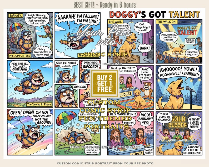 Custom Pet Comic Strip Portrait | Funny Dog or Cat Cartoon Story From ...