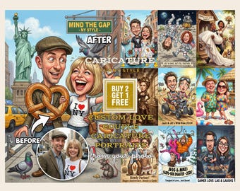 Grappig aangepaste karikatuurportret van paar van foto | Valentijnsdagcadeau | Gepersonaliseerde cartoonpaarillustratie | Digitale download