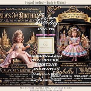 May include: A custom birthday invitation with a mermaid and a princess theme. The invitation includes the text "Isla's 3rd Birthday" and "Isabella's 6th Birthday". The design is ornate with gold accents and event details.