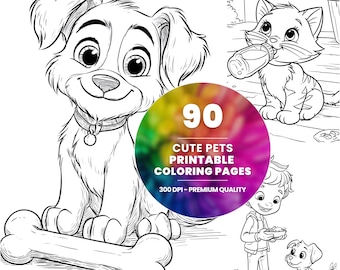 90 Pets Coloring Pages, Kawaii Dogs and Cats (Printable PDF Download)