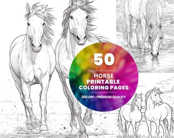 50 realistycznych kolorowanek z końmi, do druku grafiki koni wiejskich i dzikich (PDF)