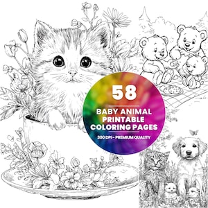 58 Cute Baby Animal Coloring Book Cute Animal Coloring Pages Coloring Sheets Adorable Coloring for Adults and Kids Kawaii Animal Art Book