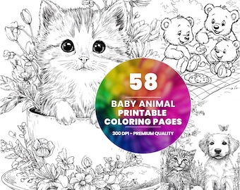 58 Kawaii Baby Animal Coloring Pages, Art (Printable PDF)