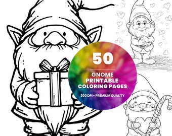 50 Gnome Coloring Pages, Whimsical Art (Printable PDF)