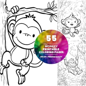 Può includere: Illustrazioni in bianco e nero di scimmie in varie pose, tra cui una appesa a un ramo. Un cerchio colorato al centro recita "55 PAGINE DA COLORARE DI SCIMMIE STAMPABILI 300 DPI - QUALITÀ PREMIUM".