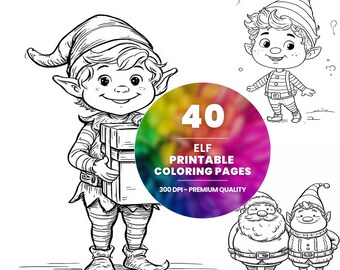 May include: Black and white line art of elves, Santa, and the text "40 ELF PRINTABLE COLORING PAGES". The elves are wearing hats and holding gifts. The text is on a colourful, circular background.
