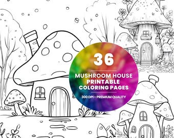 36 Mushroom House Coloring Pages, Fairy Cottage Art (Printable PDF)