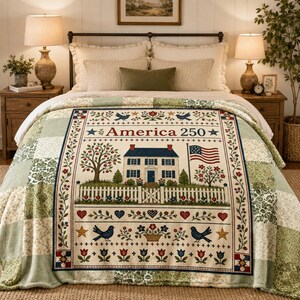 Coperta America 250, plaid patriottico in stile arte popolare, trapunta vintage con bandiera, pile patchwork stile fattoria, set regalo per la famiglia e la decorazione della casa 1776-2026