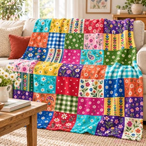 Op de afbeelding: Een patchwork deken met een levendig raster van vierkanten met diverse patronen, waaronder witte madeliefjes op blauwe, groene en oranje achtergronden, blauw-witte vichy-ruitjes, roze bloemenprints en kleurrijke paisley-motieven.