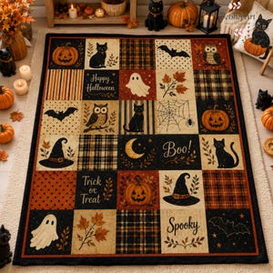 May include: A rectangular Halloween-themed area rug featuring a patchwork design of black, orange, and cream squares. The pattern includes illustrations of black cats, pumpkins, ghosts, owls, bats, witch hats, spiderwebs, and autumn leaves.