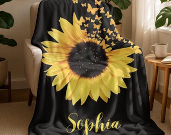 Personalized Blankets With Name,Custom Sunflower Blanket,House Warming,Birthday Gift,Valentine's Day Gift Blanket,Sunflower Thow for Baby