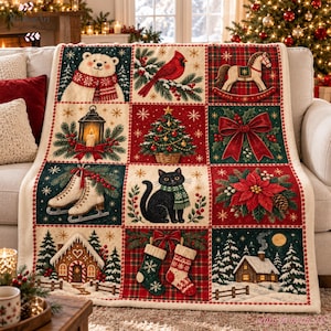 Weihnachtsflanelldecke im Vintage-Stil, rot-grünes Patchworkmuster mit schwarzer Katze, Eisbär und Kardinal, klassische Winterdecke.