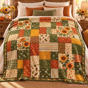 Peut inclure: Une courtepointe en patchwork composée de divers carrés de tissu aux couleurs automnales, notamment orange, jaune et vert. Le motif comprend des imprimés de tournesols, des carreaux, des rayures et des glands, créant un aspect texturé.