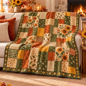 Op de afbeelding: Een patchwork quilt met een herhalend patroon van zonnebloemen, eikels en kleine bloemenprints in tinten oranje, geel, groen en crème. De quilt is opgebouwd uit rechthoekige stoffen blokken met een decoratieve bloemenrand.