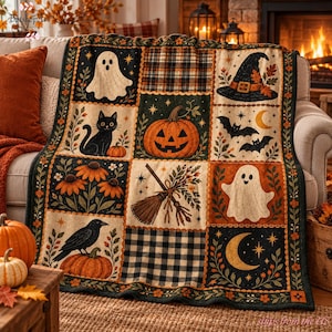 Op de afbeelding: Een rechthoekige plaid met een raster van Halloween-illustraties, waaronder spoken, een zwarte kat, een pompoen, een heksenhoed, vleermuizen, een bezemsteel, een kraai en een maansikkel, geaccentueerd door ruitpatronen en bloemrijke randen.