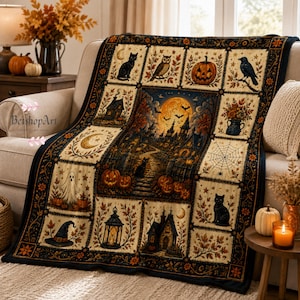 Op de afbeelding: Een rechthoekige plaid met een centrale scène van een dorp bij maanlicht met een pad, omringd door een raster van panelen met Halloween-motieven, waaronder een zwarte kat, een uil, een pompoen, een raaf, een geest, een heksenhoed en een lantaarn.