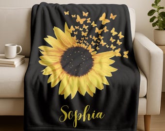 Personalized Blankets With Name,Custom Sunflower Blanket,House Warming,Birthday Gift,Valentine's Day Gift Blanket,Sunflower Thow for Baby