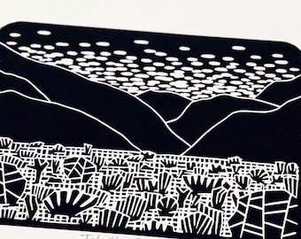 Grabado original en linóleo de un cañón del desierto, impresión de paisaje del sur de California