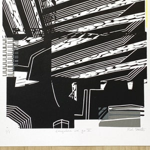 Original Linocut, Modern Linocut Print, Original Modern Art, Lino Cutting, Black, White, Gray and Yellow Lino Print, Abstract Aerial