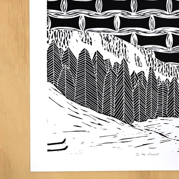 Ski Linocut, Linocut Mountains, Gift for Skier, Snow Lino Print, Sierra Nevada Art Print, Winter Linocut, Black and White Linoleum Print