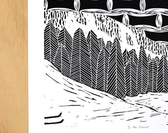 Ski Linocut, Linocut Mountains, Gift for Skier, Snow Lino Print, Sierra Nevada Art Print, Winter Linocut, Black and White Linoleum Print