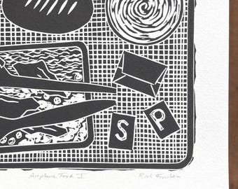 Grabado de viaje original, grabado en bloque de comida de avión, arte en linóleo en blanco y negro.