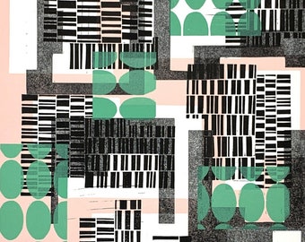 Original Abstract Linoleum Block Print with Black, Green and Pink