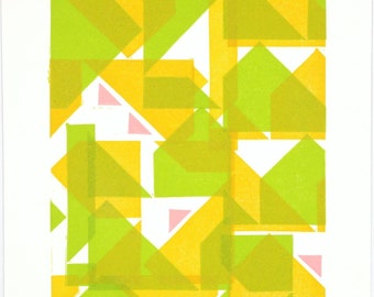 Grabado moderno en linóleo, arte abstracto en xilografía, pequeña obra de arte moderna y colorida.