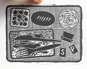 Original Travel Print, Airplane Food Block Print, Black and White Linocut Art