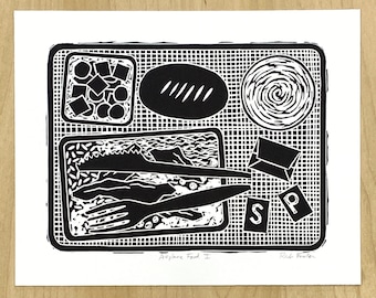 Food Block Print | Airplane Meal Linoleum Block Print | Mid Century Modern Linocut | Original Black and White Lino Print | Gift for Traveler