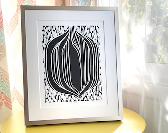 Grabado en linóleo original, impresión abstracta en blanco y negro, 8x10 pulgadas, firmado.