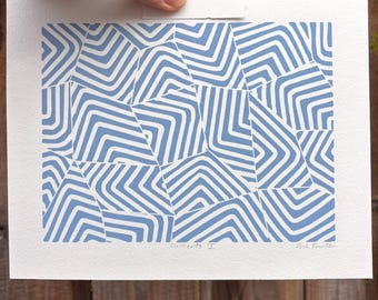 Diseño de linograbado, lámina artística geométrica minimalista, líneas azules.