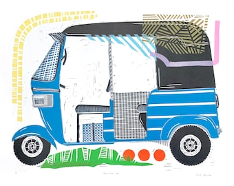 Arte de viaje en tuk-tuk: Grabado en linóleo de un autorickshaw (16x20)