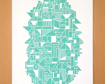 Grabado geométrico en linóleo: Arte abstracto modernista, 30,5 x 23 cm.