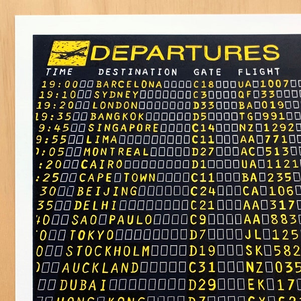 Original Linocut Print | Airport Departure Board | Aviation Artwork | Large Lino Print