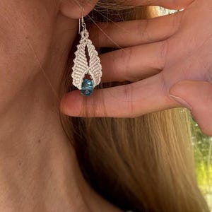 Handmade Blue Quartz Macrame Earrings – Sterling Silver Boho Dangle Earrings – Gift for Her – Micro Macrame Gemstone Jewelry Unique Pair
