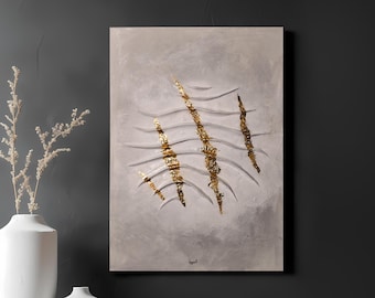 Grande peinture abstraite à la feuille d'or - Texture sculptée, oeuvre d'art murale grise et blanche