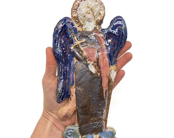 Handmade Ceramic Angel Wall Art – Rustic Glazed Guardian Figurine with Halo – Folk Religious Home Decor