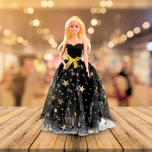 Handmade Doll Gown: Black Tulle Dress with Gold Stars & Hair Clip