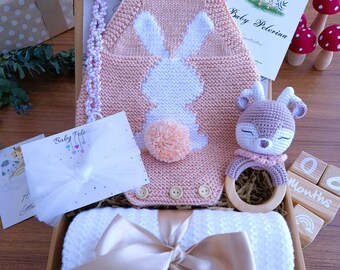Personalized Baby Girl Gift Box: Knit Romper, Blanket & Rattle Set