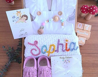 Personalized Baby Gift Set, Pink Romper, Knit Blanket, Booties