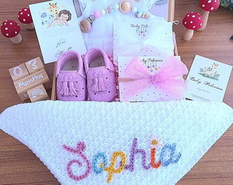 Personalized Baby Girl Gift Set: Cotton Blanket, Romper & Accessories